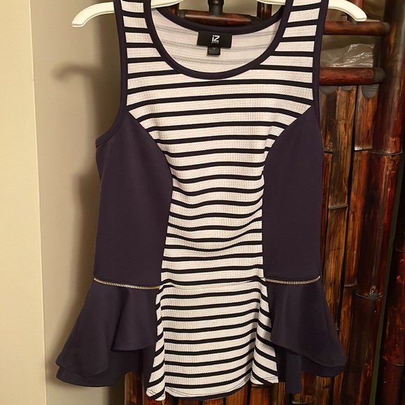 Iz Byer Medium Peplum striped navy blue & white Ruffle top zipper design - Picture 1 of 9